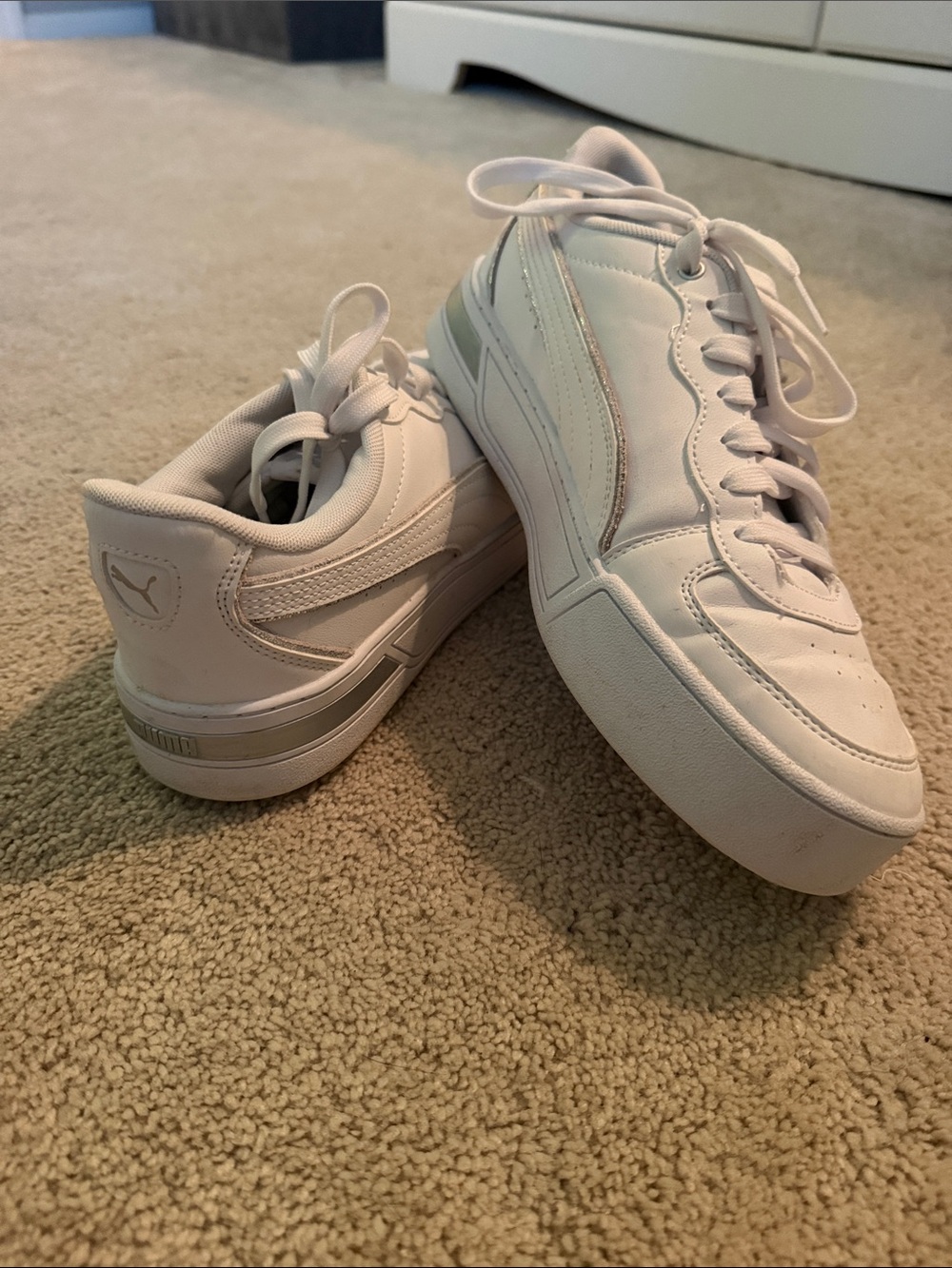 Puma White Low-Top Sneaker with Silver Accent - Women's